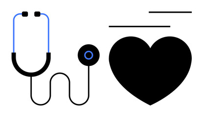 Stethoscope connected to a black heart with abstract lines emphasizing care and health monitoring. Ideal for healthcare, medicine, diagnosis, cardiology, wellness, vitality, life. Flat simple