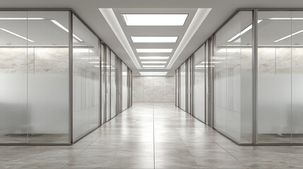 A modern office hallway with glass walls, tiled floors, and bright ceiling lights, creating a clean and professional workspace atmosphere.
