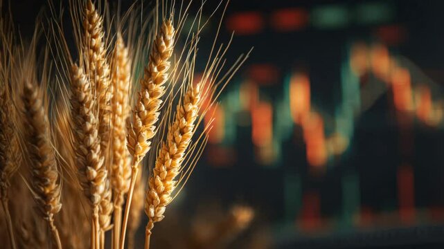 Close-up of golden wheat stalks in sharp focus against a blurred financial trading screen with candlestick chart patterns