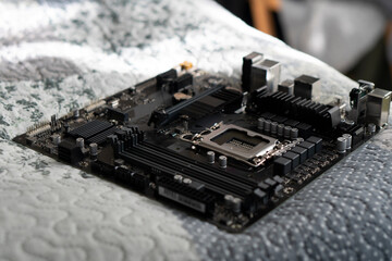 PC components. Radiator, processor, motherboard. Concept of technologies