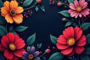 Bold, graphic floral pattern, stylized blooms, dark background , white, print