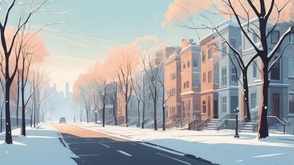 Obraz premium Winter City with Bare Trees and Snow