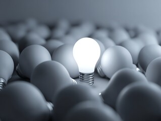 Fototapeta premium A single glowing light bulb stands out among many unlit bulbs, symbolizing innovation and creativity.