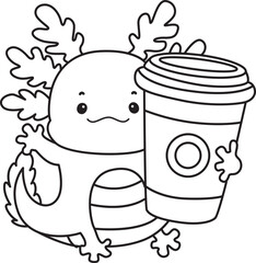Outline of Illustration of cute axolotl activities icon.
Lineart of Funny pink axolotl in daily routine stickers.
