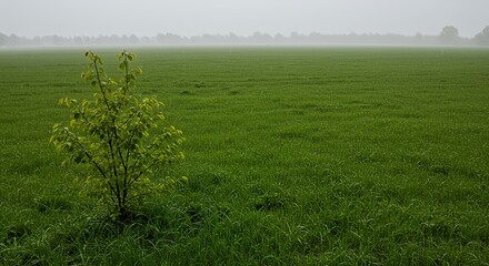 AI-Generated of Young Tree in Dewy Green Field with Ample Negative Space on a Foggy Morning