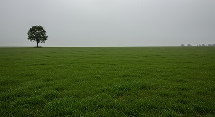 AI-Generated of Solitary Tree in a Foggy Green Field with Expansive Negative Space