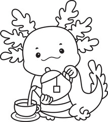 Outline of Illustration of cute axolotl activities icon.
Lineart of Funny pink axolotl in daily routine stickers.
