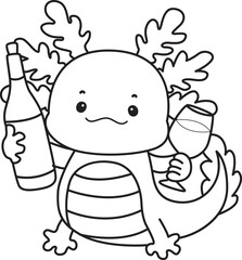 Outline of Illustration of cute axolotl activities icon.
Lineart of Funny pink axolotl in daily routine stickers.
