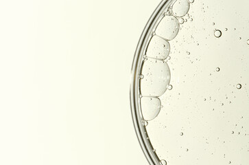 Cosmetic moisturizing gel or skin serum in a petri dish. Copy space