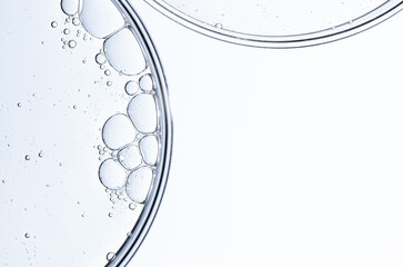Cosmetic moisturizing gel or skin serum in a petri dish. Copy space