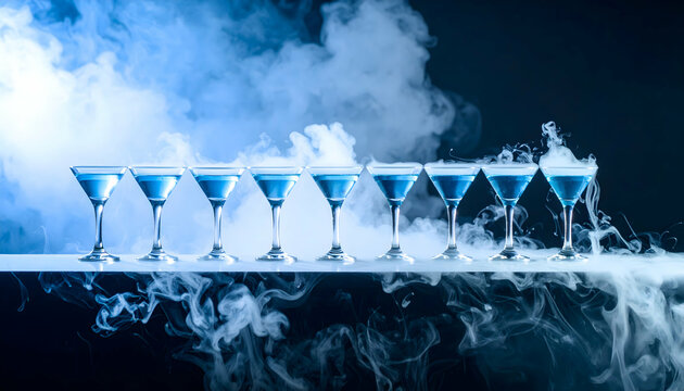 Row of Blue Martini Cocktails in Smoke Filled Dark Setting