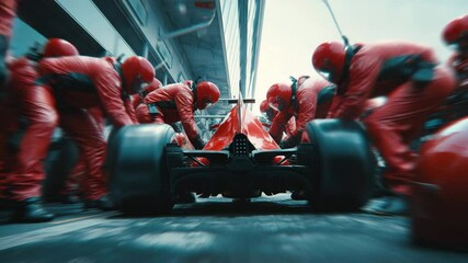 Blurred action view from behind red Formula 1 car as pit crew in red suits rapidly perform maintenance during intense race conditions.  - Powered by Adobe