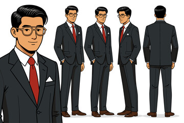 middle-aged Hong Kong male, retro business suit, slick back hair, gold-rimmed glasses, dress shoes,
