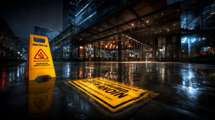 caution wet floor sign, pop art retro  illustration