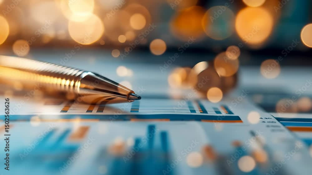 Poster pen financial report and close up of metallic pen resting business chart and graph office with warm 