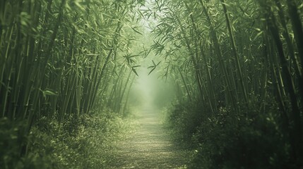 Naklejka premium Misty path winds through dense, verdant bamboo forest, light fading into hazy distance; tranquil, serene atmosphere