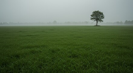 AI-Generated of Solitary Tree in a Foggy Green Field with Expansive Negative Space