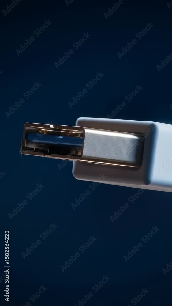 Poster close up of white usb type c connector with metallic tip and plastic casing on dark background showi