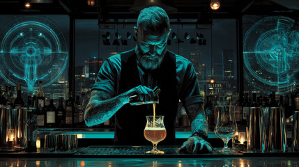 The bartender pours a glass of beer pop art retro . Pub and draught alcohol