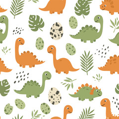 A delightful, colorful cartoon image features green and orange dinosaurs amidst greenery and eggs, set against a white background for a playful scene.
