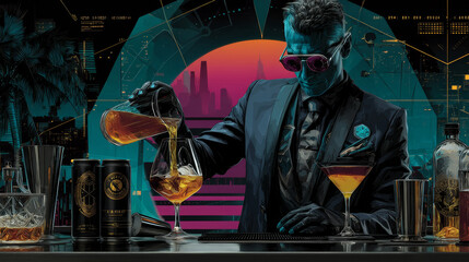 The bartender pours a glass of beer pop art retro . Pub and draught alcohol