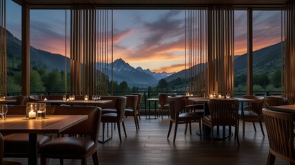 Mountaintop dining room at sunset.  Panorama of a valley unfolds through a modern restaurant with warm, natural tones.  Wooden floors, tables, and chairs.  Natural light.  Soft warm hues