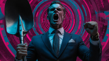 Businessman and sales season, retro man with a shovel is among the gifts, pop art retro  illustration