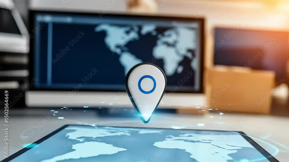 Poster digital location marker and location pin floating above tablet with world map, symbolizing navigatio