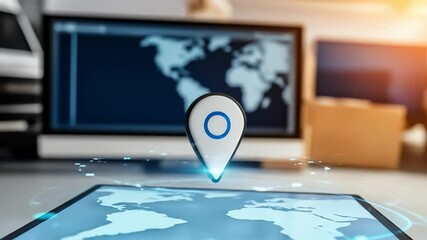 Digital location marker and location pin floating above tablet with world map, symbolizing navigation, digital map, and global - Powered by Adobe