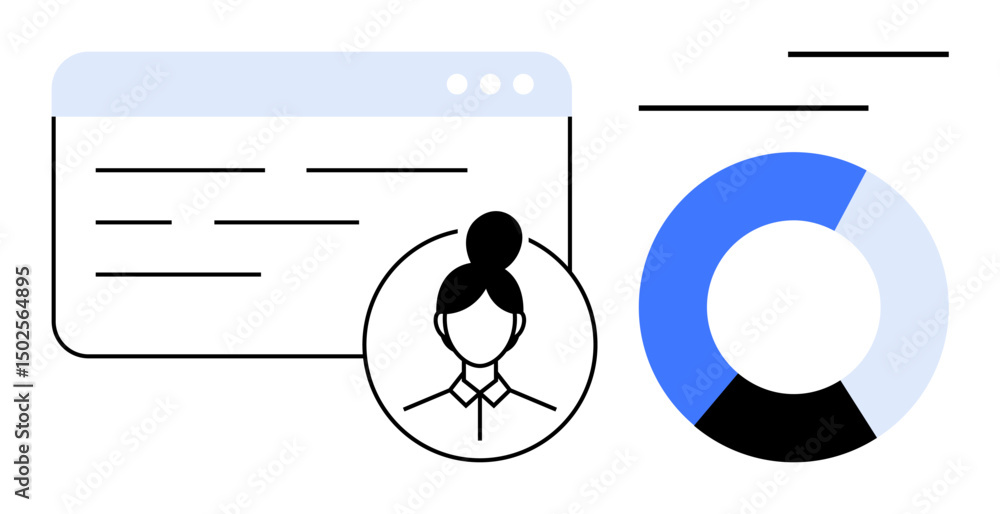 Poster user profile icon with web interface screen and segmented pie chart. ideal for data management, anal
