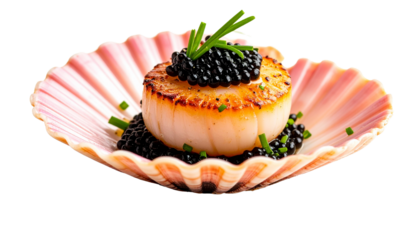 a single seared scallop placed on top of an open pink shell, garnished with black caviar and chives isolated on solid white background