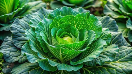 Obraz premium A vibrant green cabbage plant grows among lush green leaves and stems in a well-tended garden