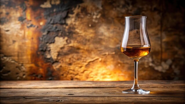 A glass of amber-colored grappa liquid on a rustic wooden table with natural stone background , amber, liquid,  amber, liquid, bottle