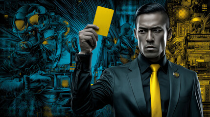 yellow card warning business concept pop art retro vector. The football symbol. The referee on the field