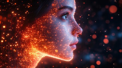 Artistic Side Profile of a Woman Glowing with Orange Lights Capturing Futuristic Technological and Cyberpunk Aesthetics