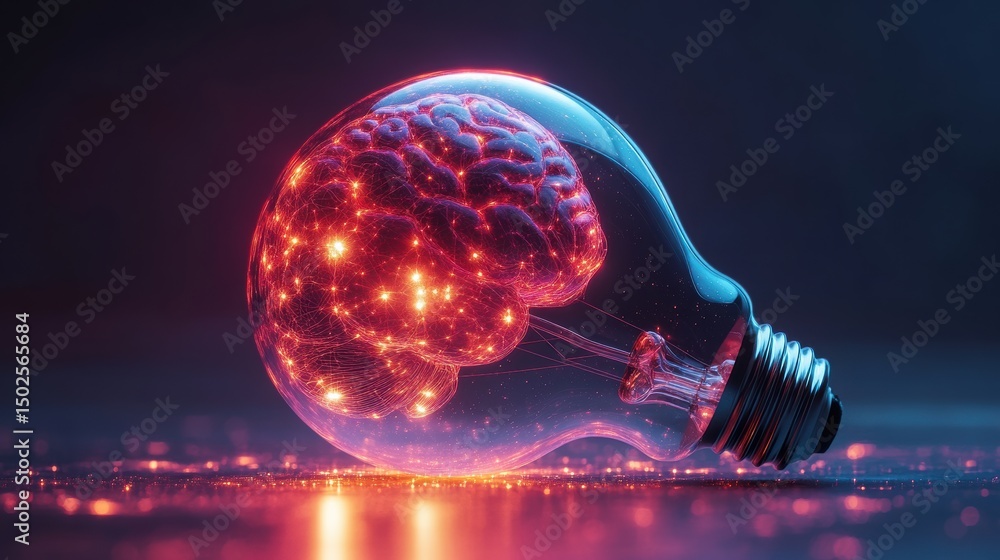Poster glowing brain inside a light bulb representing innovation and artificial intelligence on dark backgr