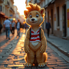 Mascot Character In City Street At Sunset With Backpack And Striped Shirt
