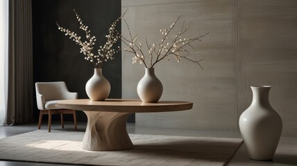 Modern, minimalist living room featuring a light wood coffee table, cream vases, and delicate branches