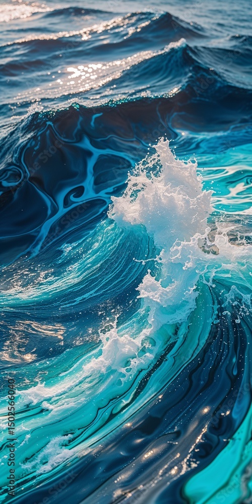 Poster abstract ocean wave texture in blue and turquoise with white foam and dynamic swirling patterns
