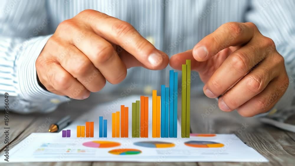 Poster business analysis of colorful bar chart and financial report with pie charts, hands showing business