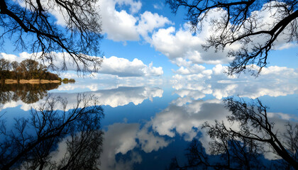 Serene Lake Reflection with Blue Sky and White Clouds