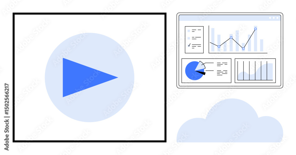 Aufkleber play button and data dashboard with bar chart, pie chart, and line graph for progress tracking, anal
