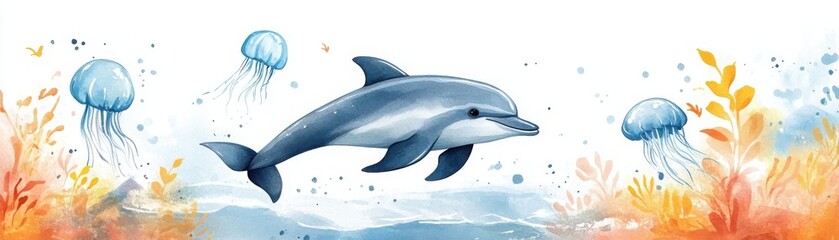 Obraz premium A playful dolphin swims among jellyfish and colorful underwater plants in a vibrant ocean scene.