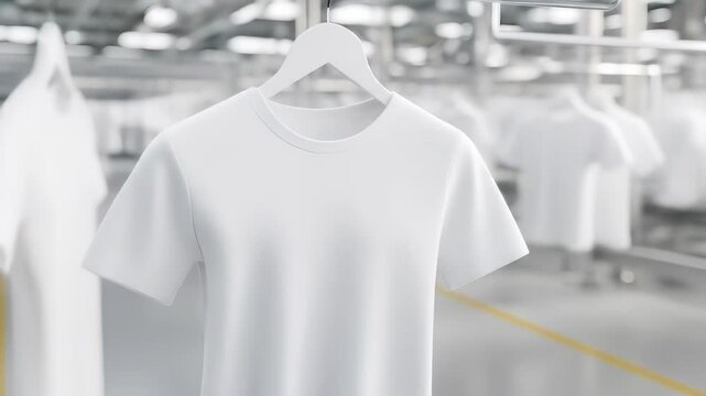 White t shirt hanging on hanger in modern clothing factory with bright textile garment background and soft lighting
