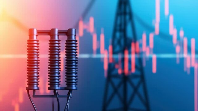 Electric power insulator with transmission tower and stock market graph background symbolizing energy market trends and financial