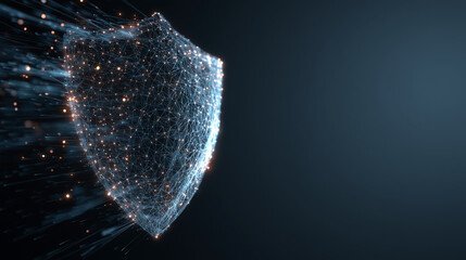 Abstract digital shield with glowing particles, symbolizing cybersecurity and digital protection.