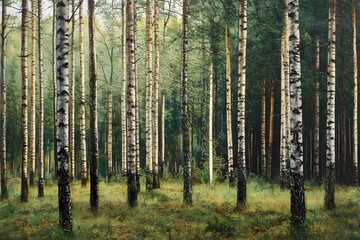 Naklejka premium Serene birch forest painting evoking tranquility and peace in nature s embrace Soft natural light filters through the trees creating a magical atmosphere in lush