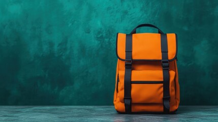 A bright orange backpack with black straps sits against a textured green background.