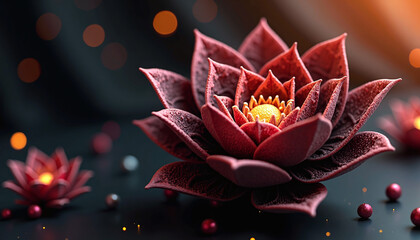 Dramatic Macro Shot Of Dark Red Lotus Flower With Glowing Yellow Center And Bokeh Lights Luxury Ambience Low Key Lighting Spiritual Symbol