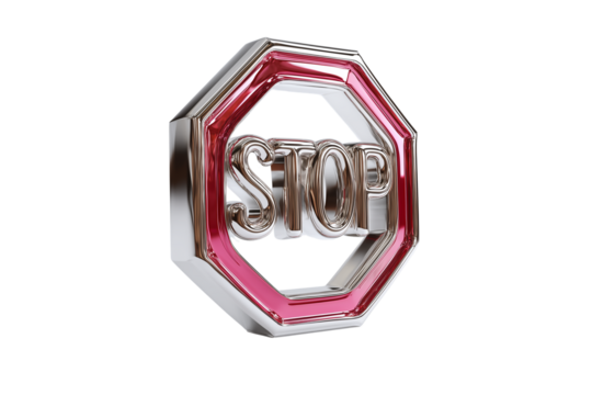 A set of unique 3D stop signs with intertwined male and female symbols on opposite sides in sleek chrome material representing relationships isolated on a transparent background